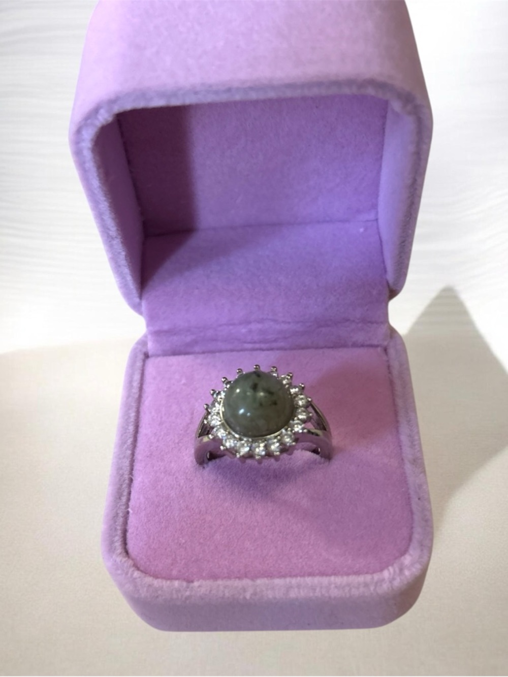 Sterling Silver Gray Jade Halo Ring with Sparkling Accents